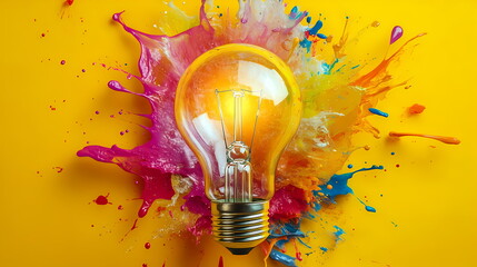 Bright idea exploding with colorful paint on yellow background