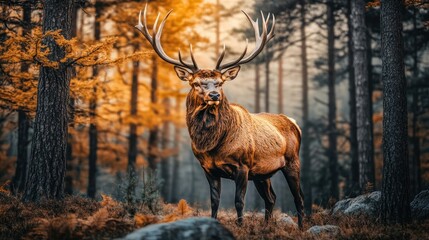 Majestic Elk Standing in Autumn Forest with Golden Leaves Sunlight