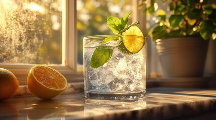 Refreshing iced drink, window sill, sunny day, houseplants in background