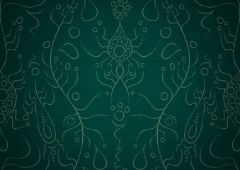Hand-drawn unique abstract symmetrical seamless ornament. Bright green on a deep cold green with vignette of a darker background color. Paper texture. Digital artwork, A4. (pattern: p13-1a)