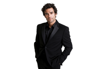 Portrait of a handsome man in black suit, standing, isolated on transparent background