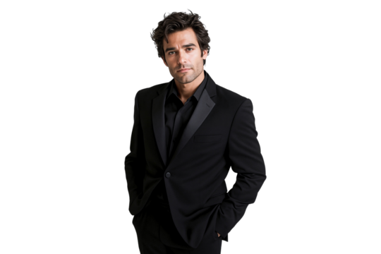 Portrait of a handsome man in black suit, standing, isolated on transparent background