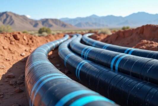 Desert pipeline infrastructure. Large industrial pipelines crossing desert landscape with mountain range backdrop, showcasing modern utility transportation system.