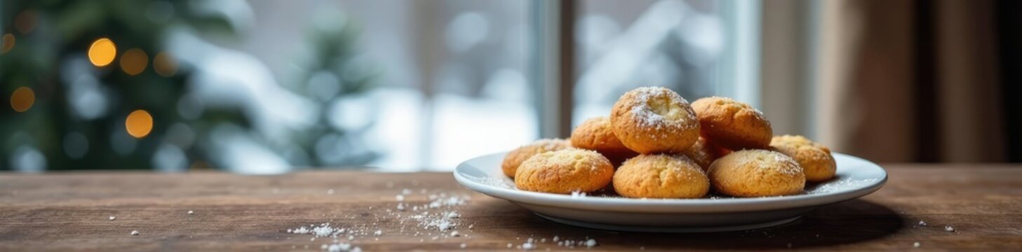 A plate of cooled Levkoy cookies on a wooden table with a winter landscape through the window behind, table, landscape, dessert