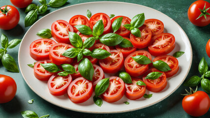 Fresh tomato salad, vibrant presentation, basil leaves, Italian cuisine, healthy dish