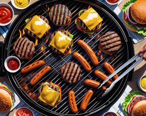 Delicious barbecue gathering with grilled burgers, hot dogs, and vibrant condiments in a sunny backyard setting