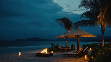 Obraz premium Relaxing Evening Beach Scene with Fire Pit and Lounge Chairs