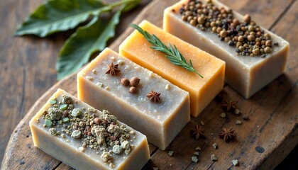 Spices and Soaps Arranged on Wooden Board