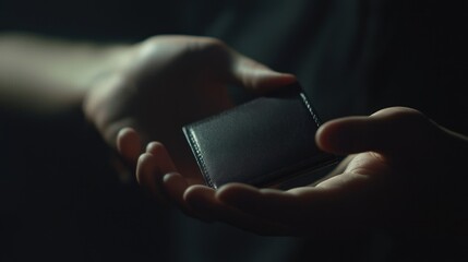 Dark Minimalist Close-Up of Hands Holding a Black Wallet