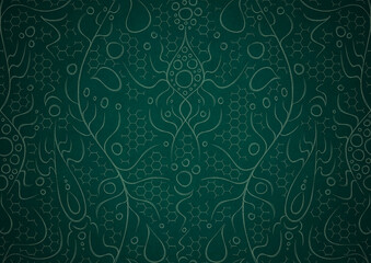 Hand-drawn unique abstract symmetrical seamless ornament. Bright green on a deep cold green with vignette of a darker background color. Paper texture. Digital artwork, A4. (pattern: p13-2a)