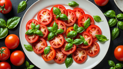 Sliced tomato salad, garnished with basil, colorful presentation, Italian flavors, healthy cuisine