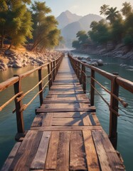 Fototapeta premium Wooden bridge over the Ganga river in Har Ki Pouri, river, wooden