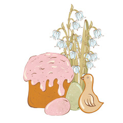 Easter composition with snowdrops, cake, multi-colored eggs and cookie. Colored hand drawn illustration isolated on white background. Easter sweet decor