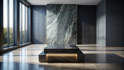 Dark, glossy onyx stone slab sits atop a sleek, modern pedestal amidst an empty, minimalist room, decoration, onx,  decoration,onx