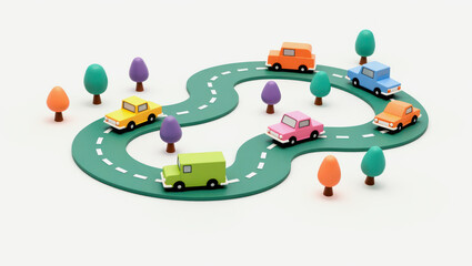 Fototapeta premium Colorful toy cars on a winding road surrounded by trees