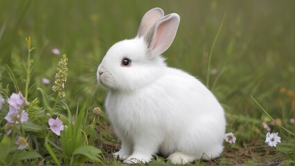 Obraz premium A white rabbit sits in a grassy field, surrounded by small pink flowers.
