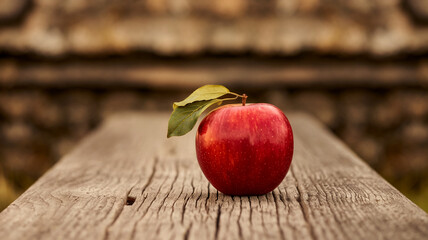 Close-up of a single red apple with a green leaf placed on a wooden surface, showcasing natural freshness and healthy eating in an outdoor rustic setting