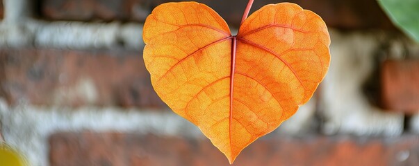 Obraz premium A heart-shaped leaf with orange hues, set against a blurry brick wall, the texture of the leaf and the warm tones captured in high definition 
