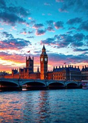 Fototapeta premium Twilight shot of Westminster bridge with Big Ben and Parliament against a colorful sky, illuminated, London, cityscape, twilight, sunset
