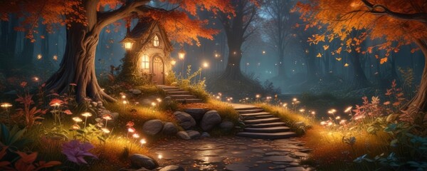 Whimsical illustration of a fairy's garden in autumn with glowing fireflies and colorful leaves, , glowing fireflies