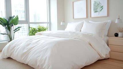 Modern bedroom with white bedding and city view. Possible use Interior design, home decor, bedding catalog
