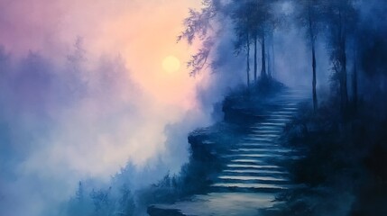 Serene sunrise paints misty mountain path steps softly ascending. AI Generated