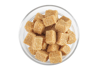 brown sugar in a glass bowl isolated on white background, Top view. Flat lay