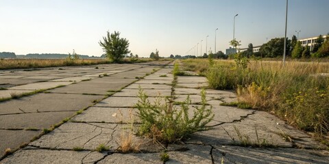 Weedy pavement with cracked slabs and overgrown vegetation, wild growth, abandoned street