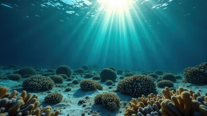 Fototapeta premium Underwater view of bleached coral reef with sun rays shining through clear ocean water 