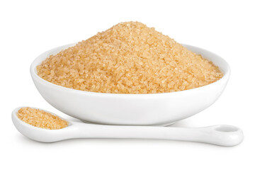 The brown sugar in ceramic bowl isolated on white background