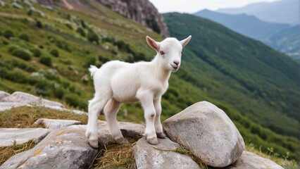 Fototapeta premium A small white goat stands on rocky terrain with lush green hills and mountains in the background.