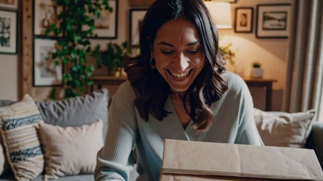 Joyful Discovery: A woman's delighted expression as she opens a cardboard box, revealing its contents, the warm glow of the surrounding living space heightens the sense of anticipation.