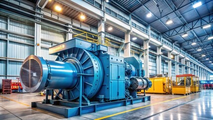 Large industrial electrical generator in a factory surrounded by machinery and pipes, electrical machines, manufacturing