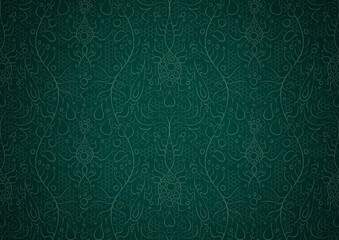 Hand-drawn unique abstract symmetrical seamless ornament. Bright green on a deep cold green with vignette of a darker background color. Paper texture. Digital artwork, A4. (pattern: p13-2b)