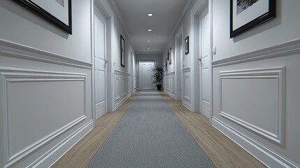Hotel hallway interior design, classic style, modern feel, neutral color scheme, tranquil atmosphere, professional photos