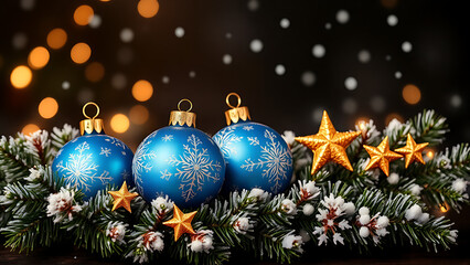 Christmas and New Year banner with blue baubles, golden stars, and frosted pine branches on a dark background