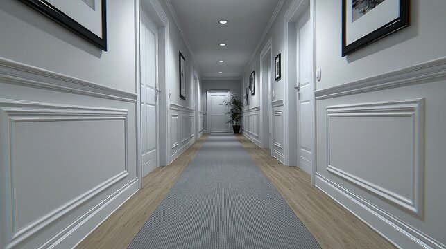 Hotel hallway interior design, classic style, modern feel, neutral color scheme, tranquil atmosphere, professional photos