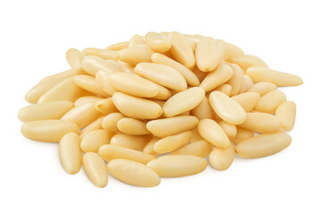 Shelled European pine nuts isolated on white background with full depth of field