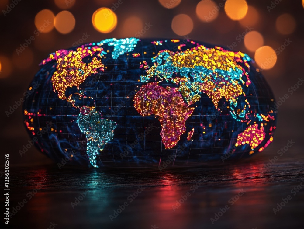 Poster a 3d illustration of the earth with a grid pattern and brightly colored lights