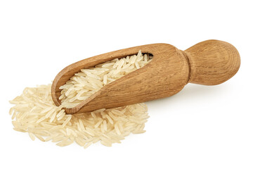 rice basmati in a wooden scoop isolated on white background