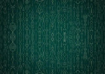 Hand-drawn unique abstract symmetrical seamless ornament. Bright green on a deep cold green with vignette of a darker background color. Paper texture. Digital artwork, A4. (pattern: p14a)