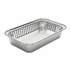 Obraz premium A rectangular aluminum foil container with ridged edges and a reflective surface, disposable food tray isolated on transparent background.