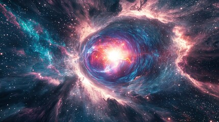 A radiant wormhole opens inside a nebula, its core crackling with interstellar power