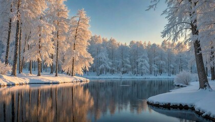Snowy Landscape with Calm River and Tall Trees