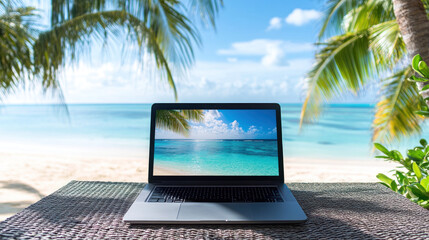 laptop on wicker table with tropical beach background, palm trees, and clear blue sky. scene evokes sense of relaxation and remote work in serene environment