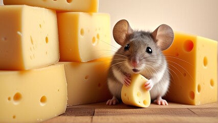 Fototapeta premium A cute mouse holds a piece of cheese, surrounded by blocks of cheese.