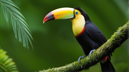 Fototapeta premium A vibrant bird with a colorful beak perched on a mossy branch, surrounded by lush green foliage.