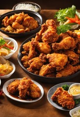 Fototapeta premium A plate of crispy, golden-brown fried chicken drumsticks served hot with a crunchy texture. Perfect for food advertisements, restaurant promotions, or comfort food concepts.