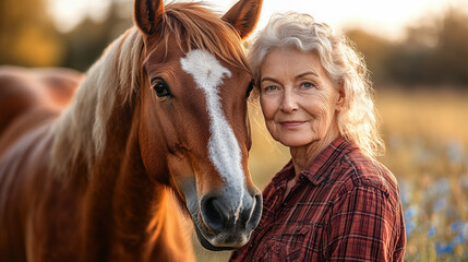 A beautiful older woman with a horse
