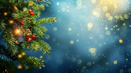 Festive evergreen branch, bokeh lights, winter scene, holiday card